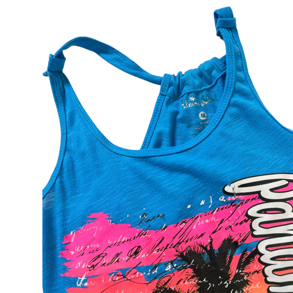Blue tank top with palm tree design