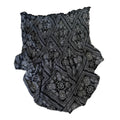 black and white paisley print top with ruffle details