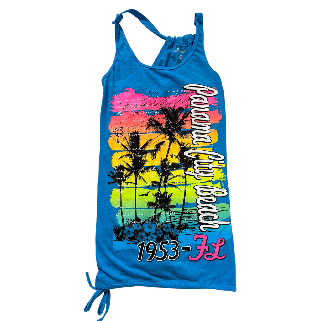 Blue tank top with palm tree design