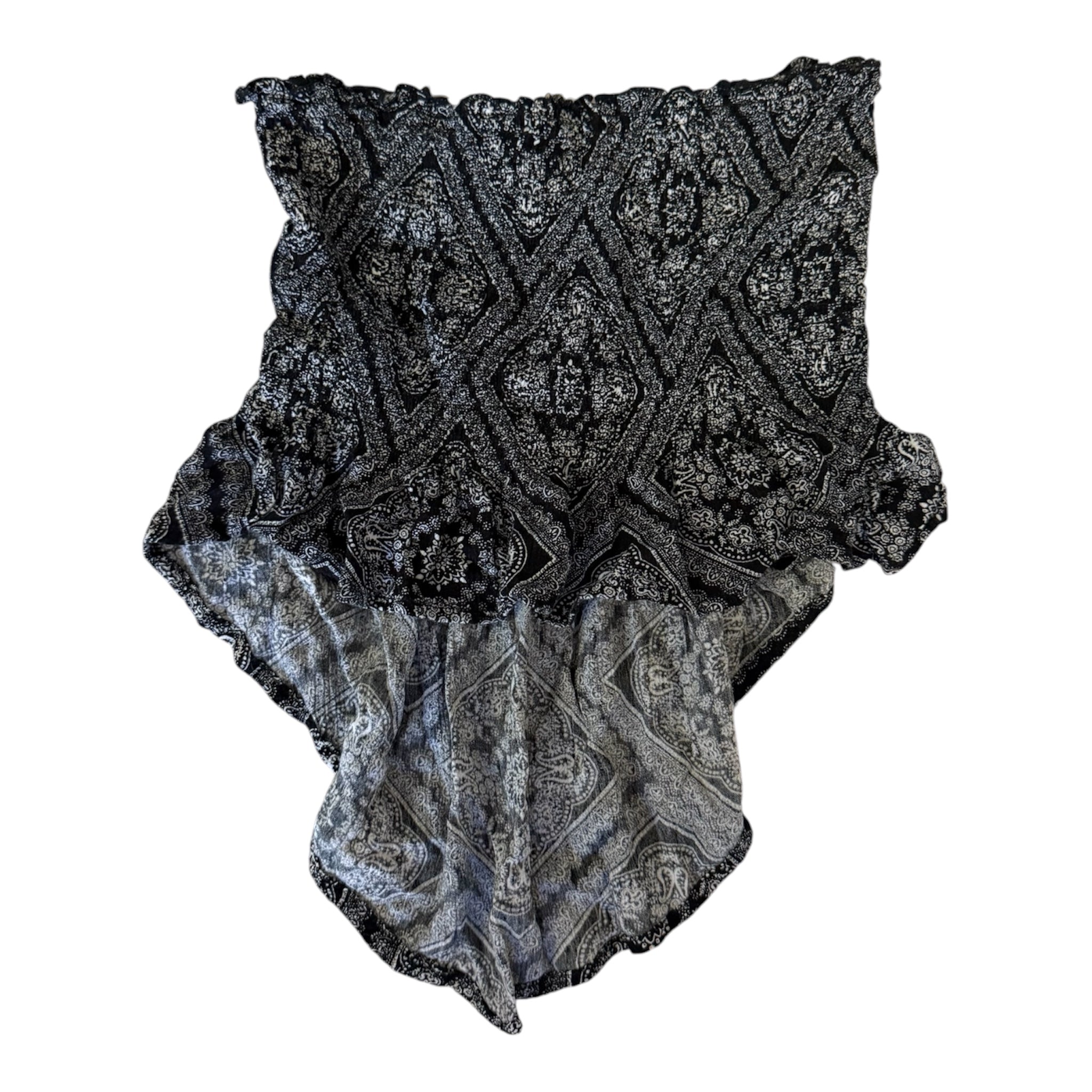 black and white paisley print top with ruffle details