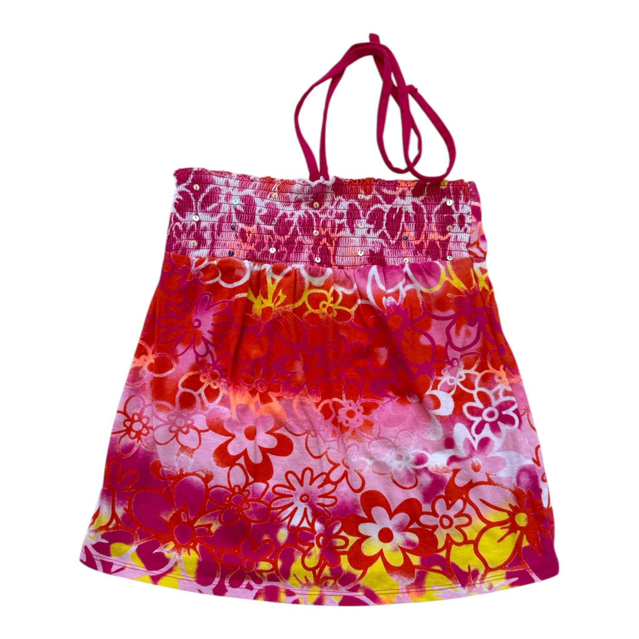multicoloured floral halter neck tank top with sequins and ruffles Size S